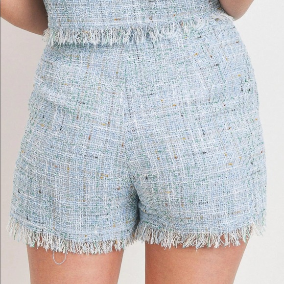 Grace Blue Tweed Raw Hem Shorts - Picture 3 of 6